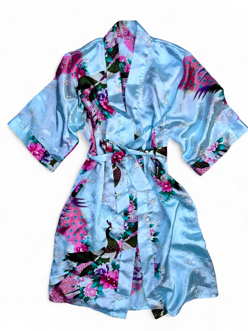 Vintage Sky Blue Satin Kimono Robe — Peacock & Floral Print NWOT 🦚🌸